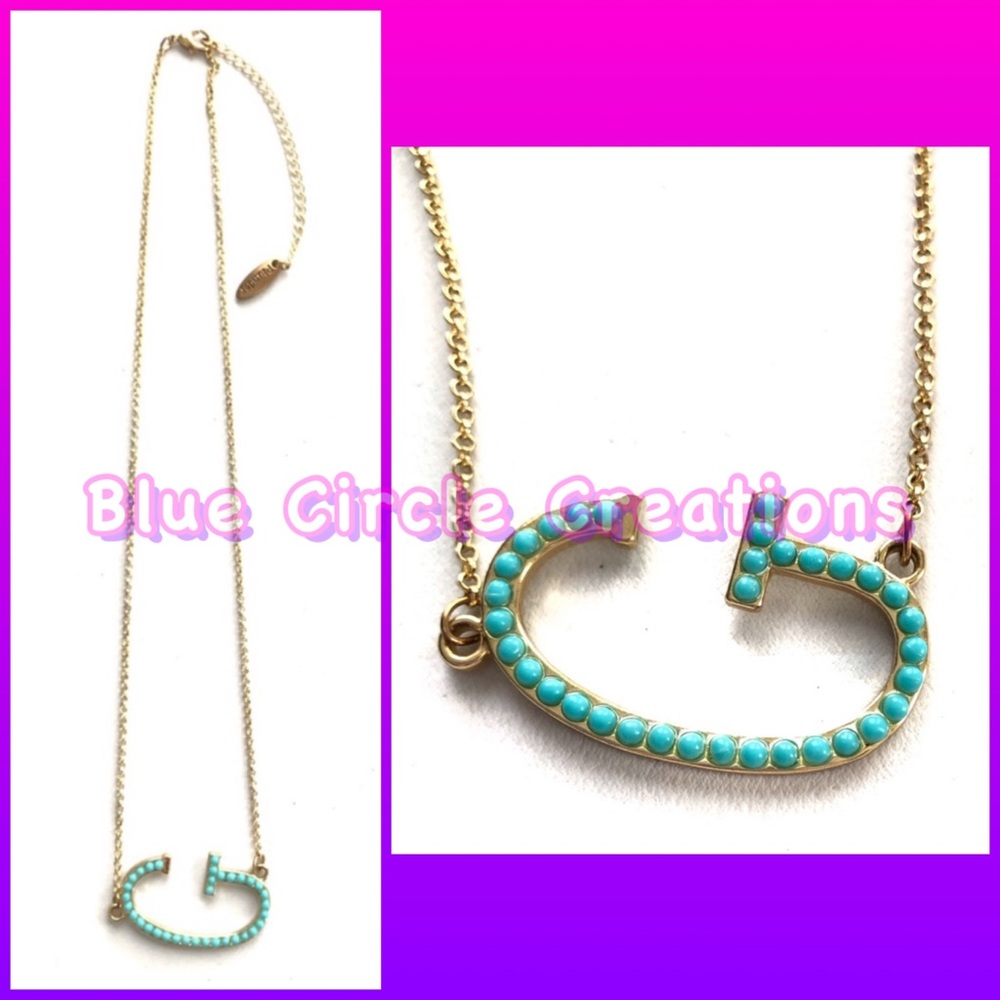 Plunder Jewelry “G” Initial Aqua and Gold Plated Vintage Necklace